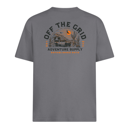 Gray Off The Grid Surplus Lander T-Shirt with black logo and crew neck design.