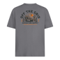 Gray Off The Grid Surplus Lander T-Shirt with black logo and crew neck design.