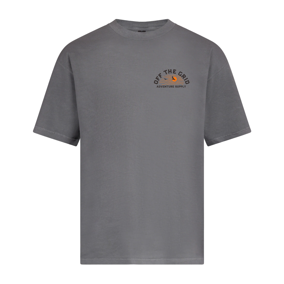 Off The Grid Surplus Lander T-Shirt in gray, front view showing classic crew neck and casual fit.