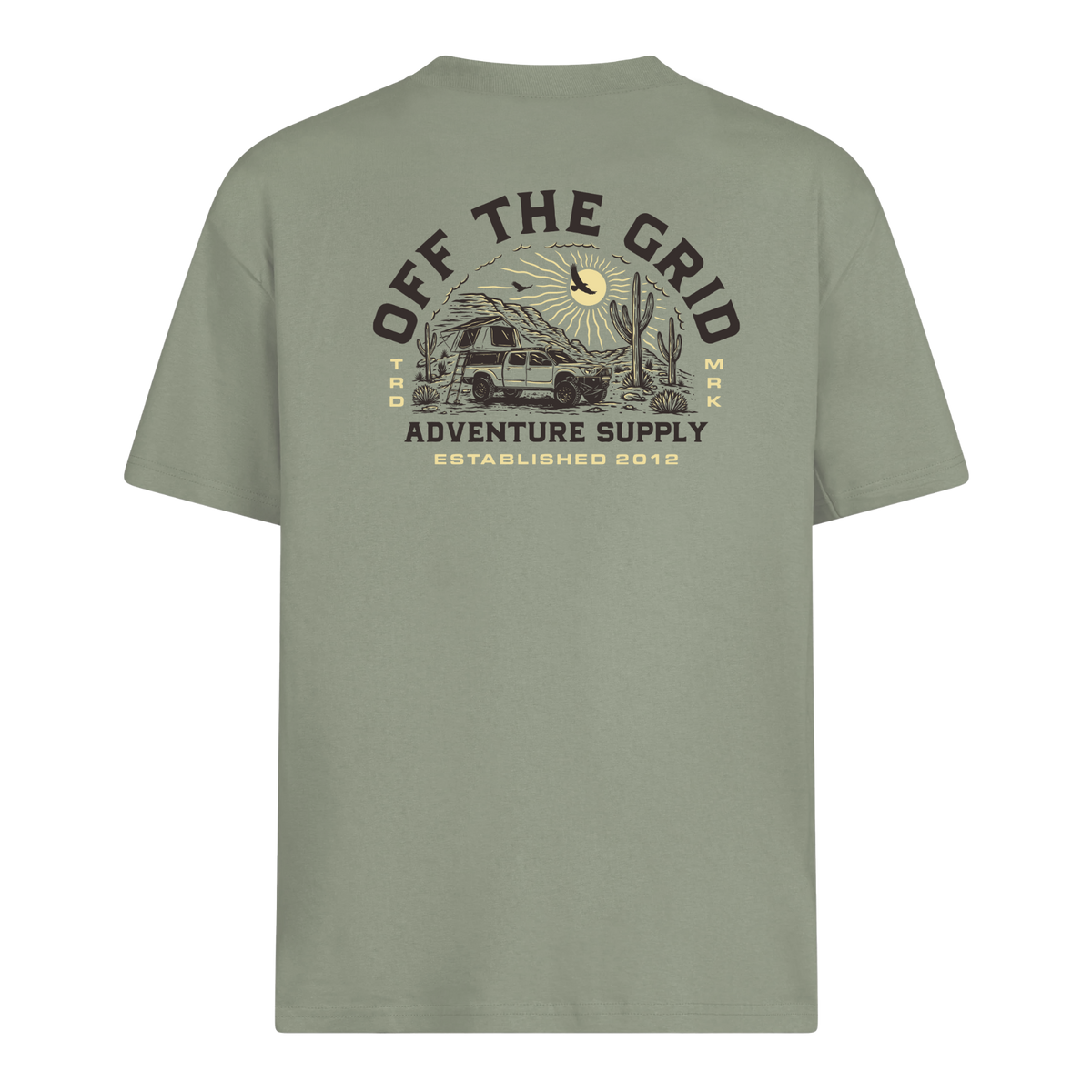 Off The Grid Surplus Lander T-Shirt in sage green with black accents, casual and comfortable men's short-sleeve tee.