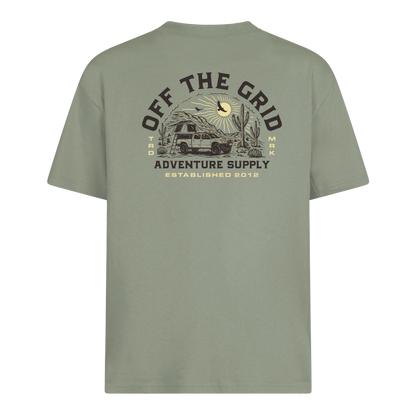 Off The Grid Surplus Lander T-Shirt in sage green with black accents, casual and comfortable men's short-sleeve tee.
