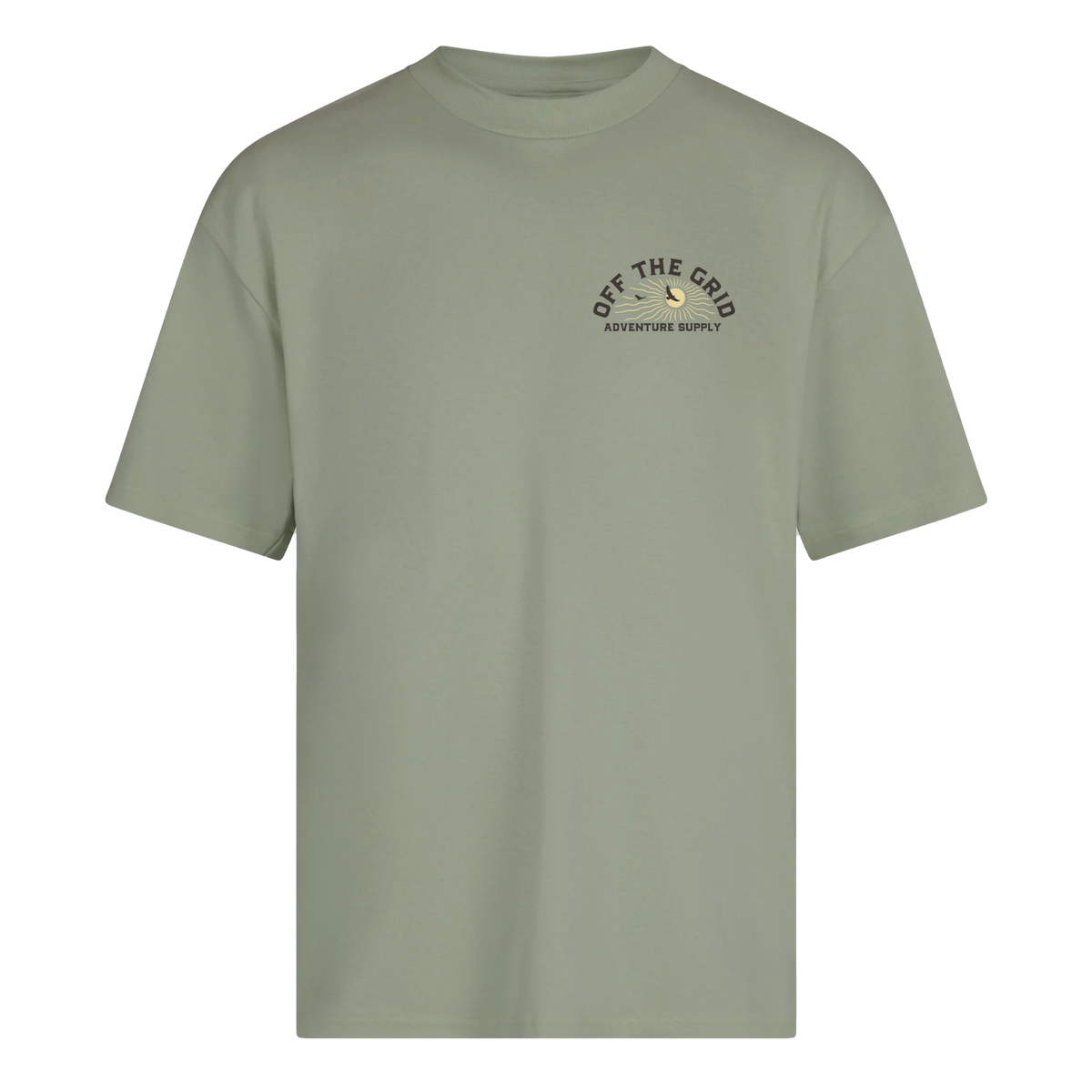 Off The Grid Surplus Lander T-Shirt in sage green, front view showing casual fit and soft fabric for everyday wear.