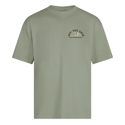 Off The Grid Surplus Lander T-Shirt in sage green, front view showing casual fit and soft fabric for everyday wear.