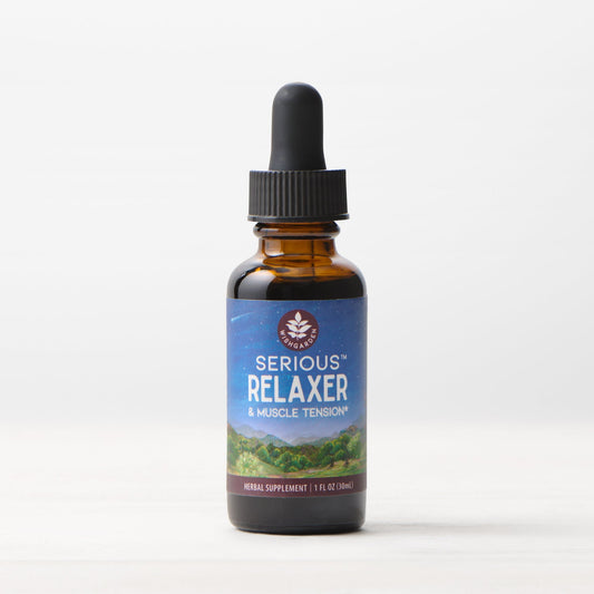 WishGarden Herbs Serious Relaxer bottle for adult muscle tension relief with natural herbal ingredients.