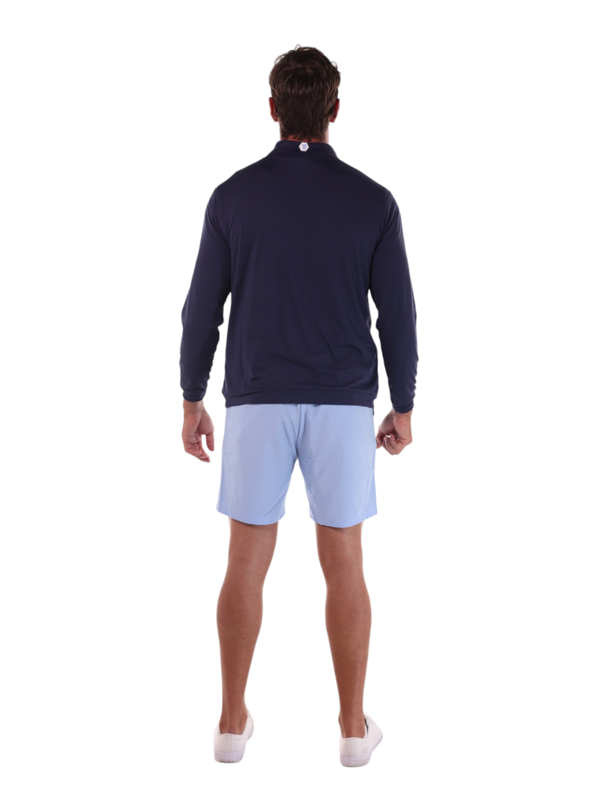 White Water Life Long Beach Quarter Zip long sleeve top in navy, made from ultra-soft lightweight fabric, shown from the back.