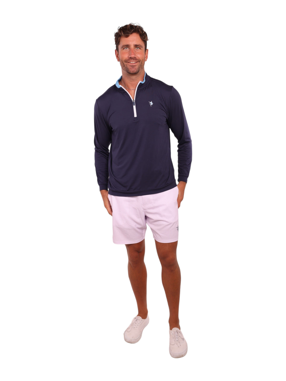 White Water Life Long Beach Quarter Zip long sleeve in navy with pink gingham pattern, lightweight and ultra-soft fabric.