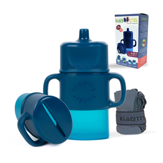 Flipping Holder KiddyTrek 4-in-1 sip and snack set with food pouch, juice box holder, snack cup, and sip cup for nursing and feeding.