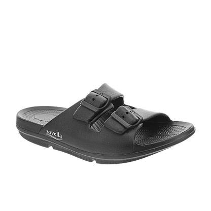 Lucky Feet Shoes Sovella men's black active recovery slide sandal with buckle closure, designed for comfort and support.