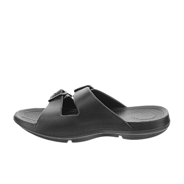 Men's Sovella Active Recovery Sandals by Lucky Feet Shoes with black buckle slide design and cushioned sole.