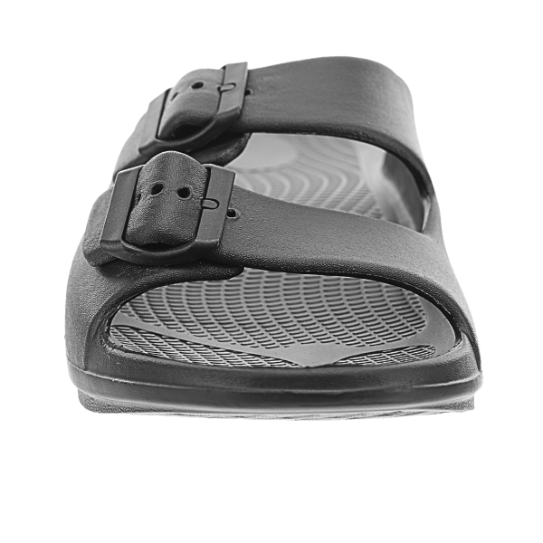 Men's Sovella Active Recovery Sandals by Lucky Feet Shoes, black slide sandals with adjustable buckle, designed for comfort and recovery.