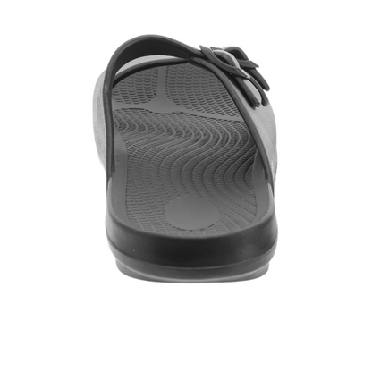 Black Sovella Active Recovery Sandals men's buckle slide by Lucky Feet Shoes, featuring a comfortable design and adjustable strap.