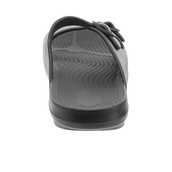 Black Sovella Active Recovery Sandals for women with PF buckle slide design, featuring cushioned straps and comfortable footbed.