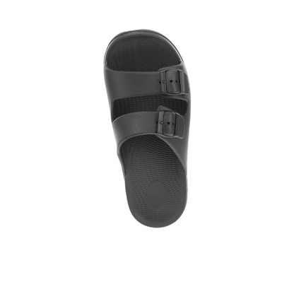 Men's Sovella Active Recovery Sandals by Lucky Feet Shoes featuring black slide design with PF buckle and cushioned sole.