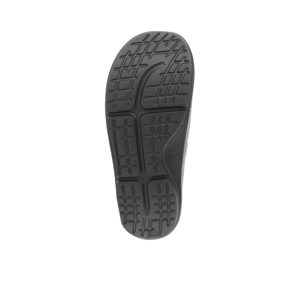 Black Sovella Active Recovery Sandals for women with PF buckle slide design, featuring comfortable straps and cushioned footbed.
