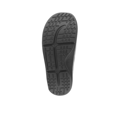 Black Sovella Active Recovery Sandals for women with PF buckle slide design, featuring comfortable straps and cushioned footbed.