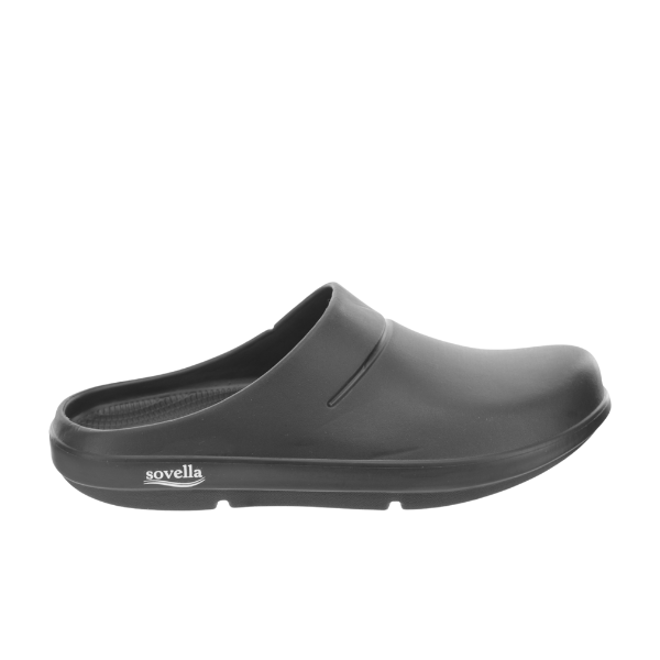 Black Sovella Active Recovery Sandals men's PF clog with cushioned design by Lucky Feet Shoes, shown in side view.