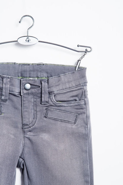 Grey biker jeans by IndigoPaper, featuring a fitted design with stitched detailing and classic denim texture.