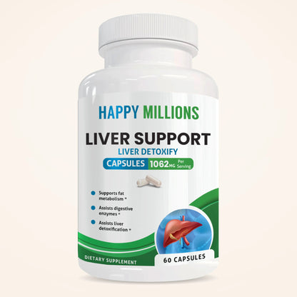 Bottle of Happy Millions Liver Support supplement with label showing liver health benefits and natural ingredients.