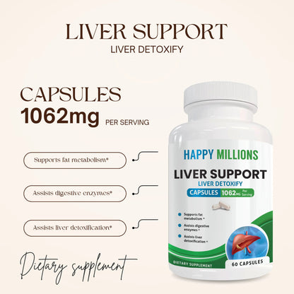 Bottle of Happy Millions liver support supplement with label showing liver health benefits and natural ingredients.