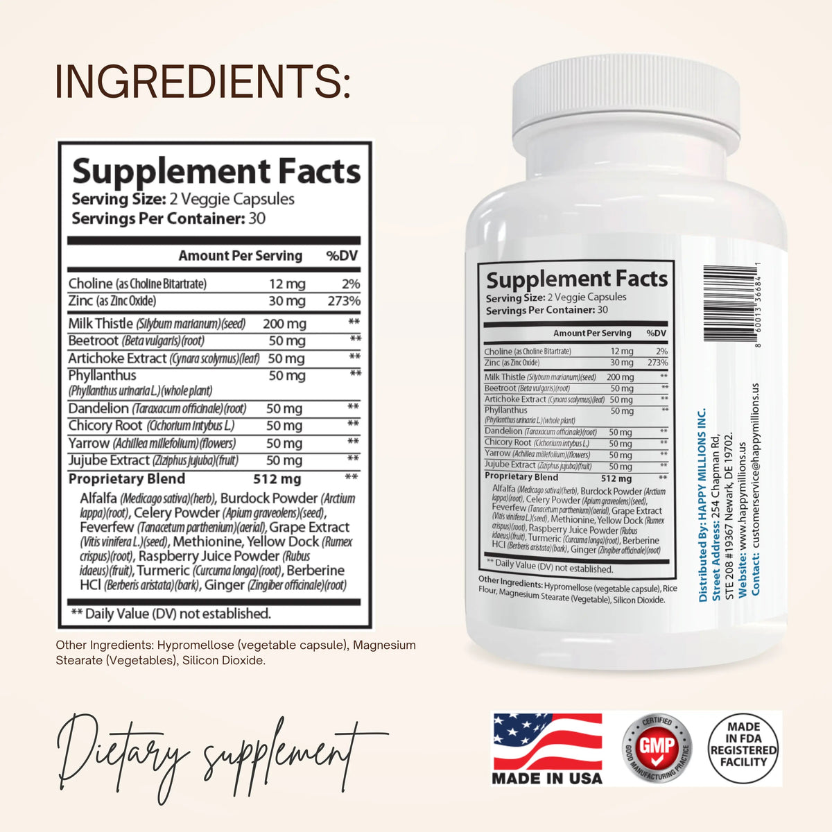 Bottle of Happy Millions Liver Support supplement with label visible, featuring natural ingredients and health-focused branding.