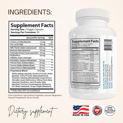 Bottle of Happy Millions Liver Support supplement with label visible, featuring natural ingredients and health-focused branding.