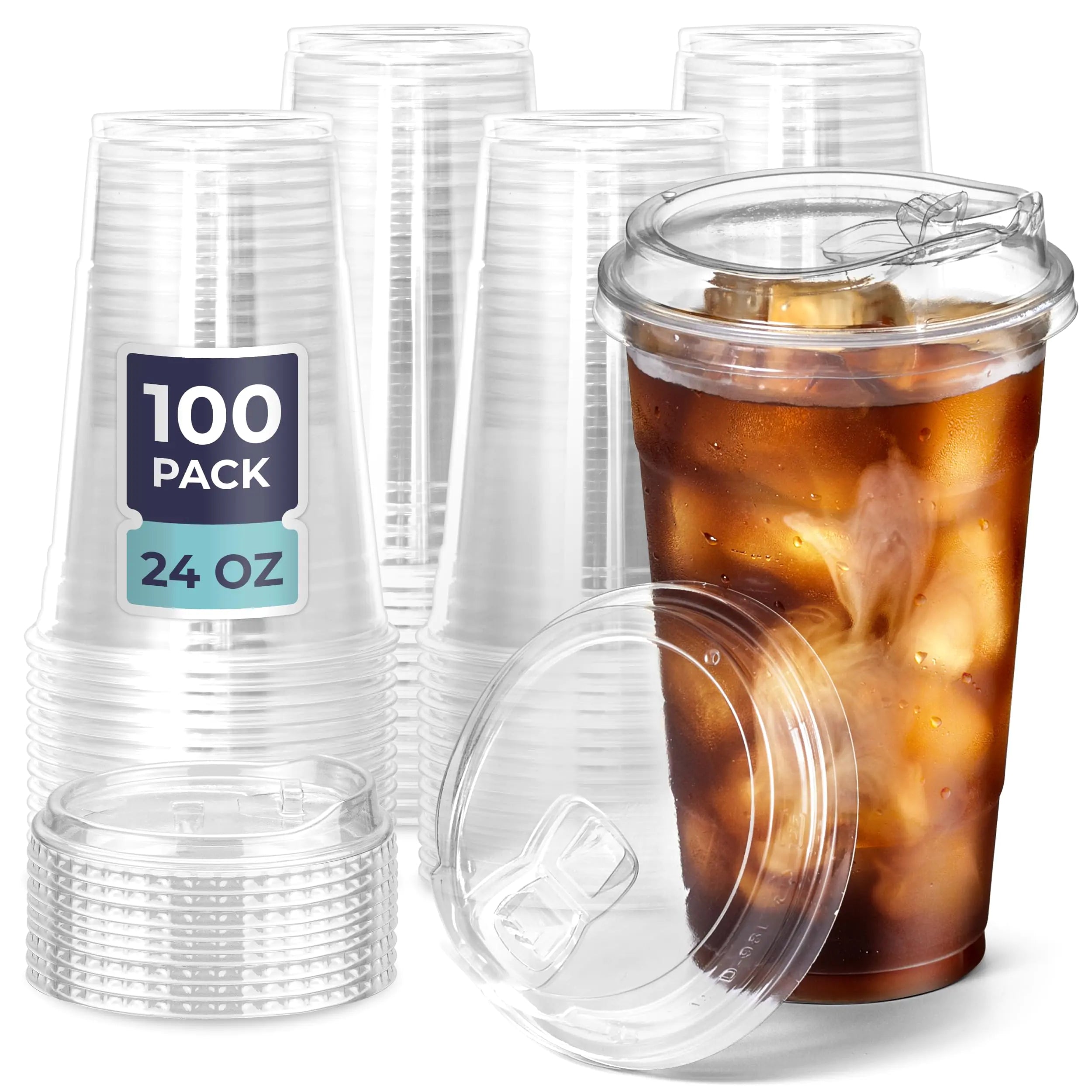 Fit Meal Prep 100 Pack 24 oz Clear Plastic Cups with Strawless Sip Lids Disposable Plastic Coffee Cups with Lids To Go Cups for Iced Coffee Smoothies Soda Party Drinks Bubble Tea Cold Beverage