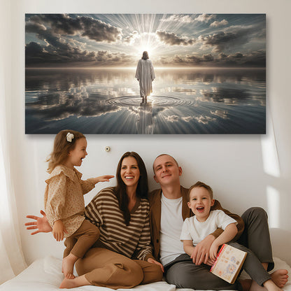 Canvas wall art titled "Walking on Water - Faith" by Tailored Canvases, featuring a serene water scene with inspirational themes.