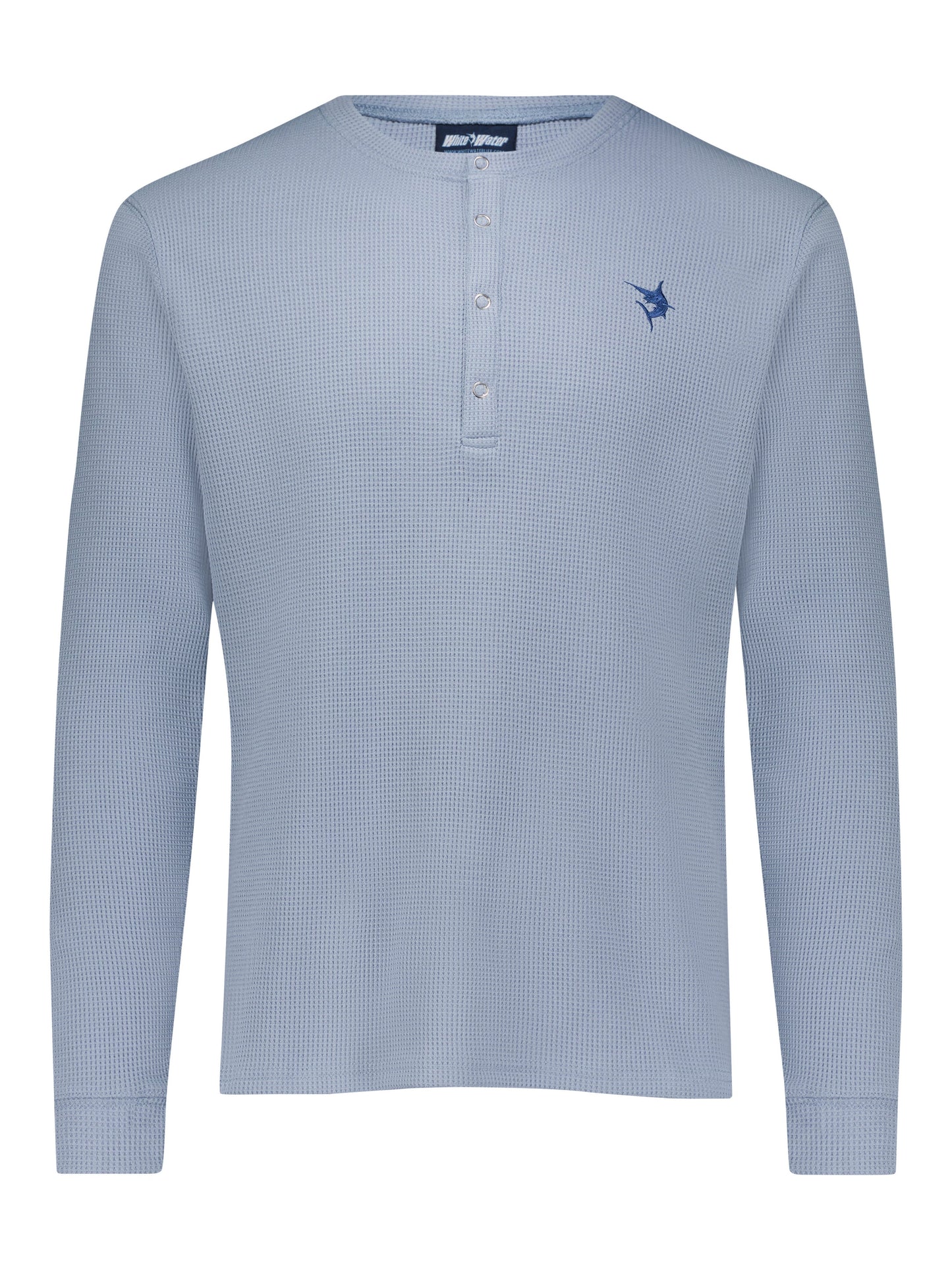 White Water Life Mystic Henley long sleeve shirt in blue with buttoned neckline and casual fit.