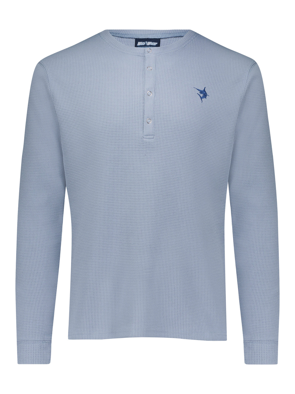 White Water Life Mystic Henley long sleeve shirt in blue with buttoned neckline and casual fit.