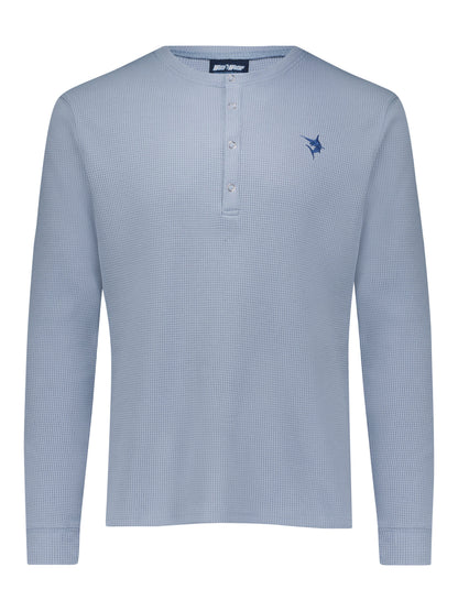 White Water Life Mystic Henley long sleeve shirt in blue with buttoned neckline and casual fit.