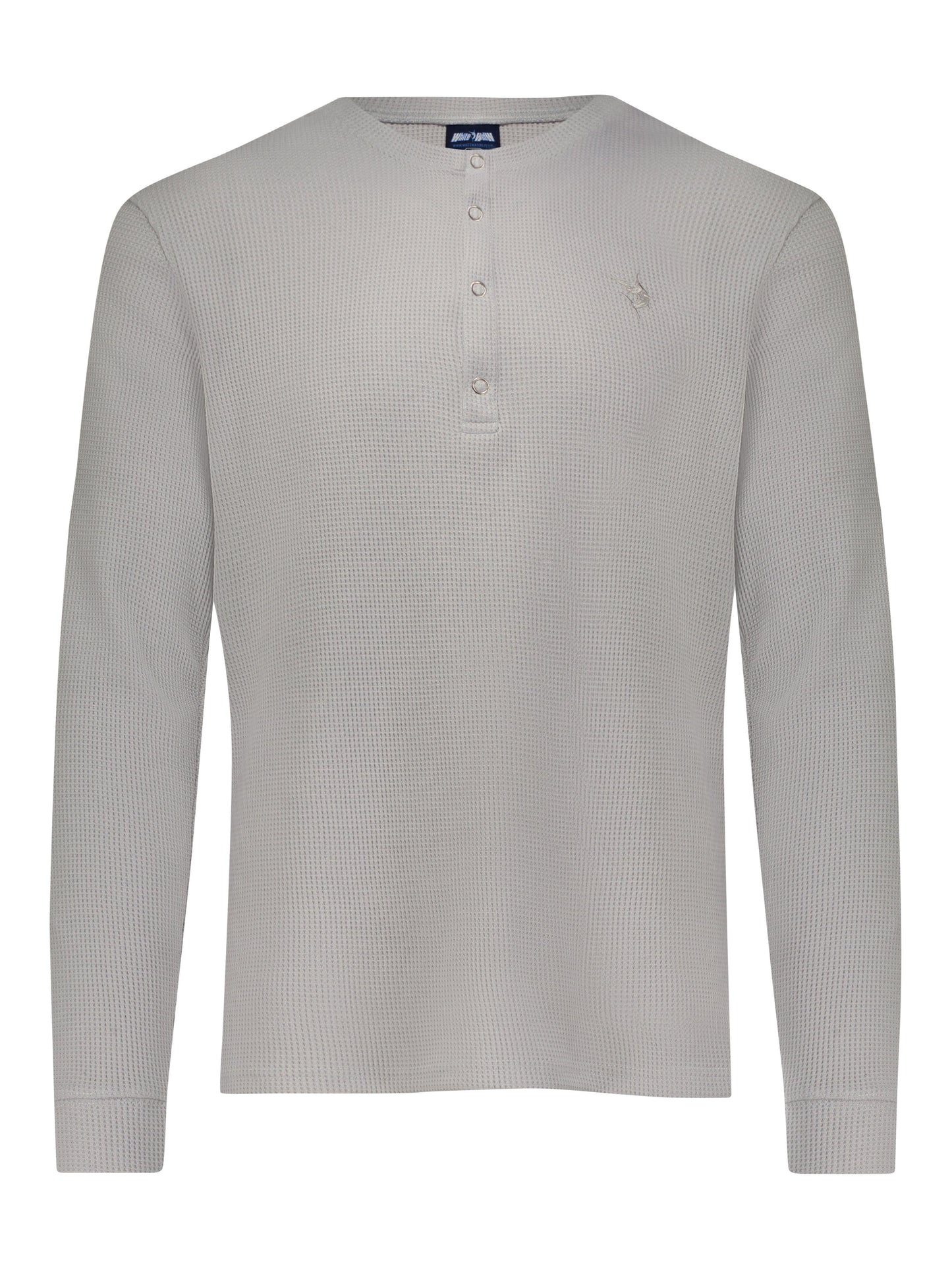 Gray long sleeve Mystic Henley shirt by White Water Life, featuring buttoned collar and casual fit.
