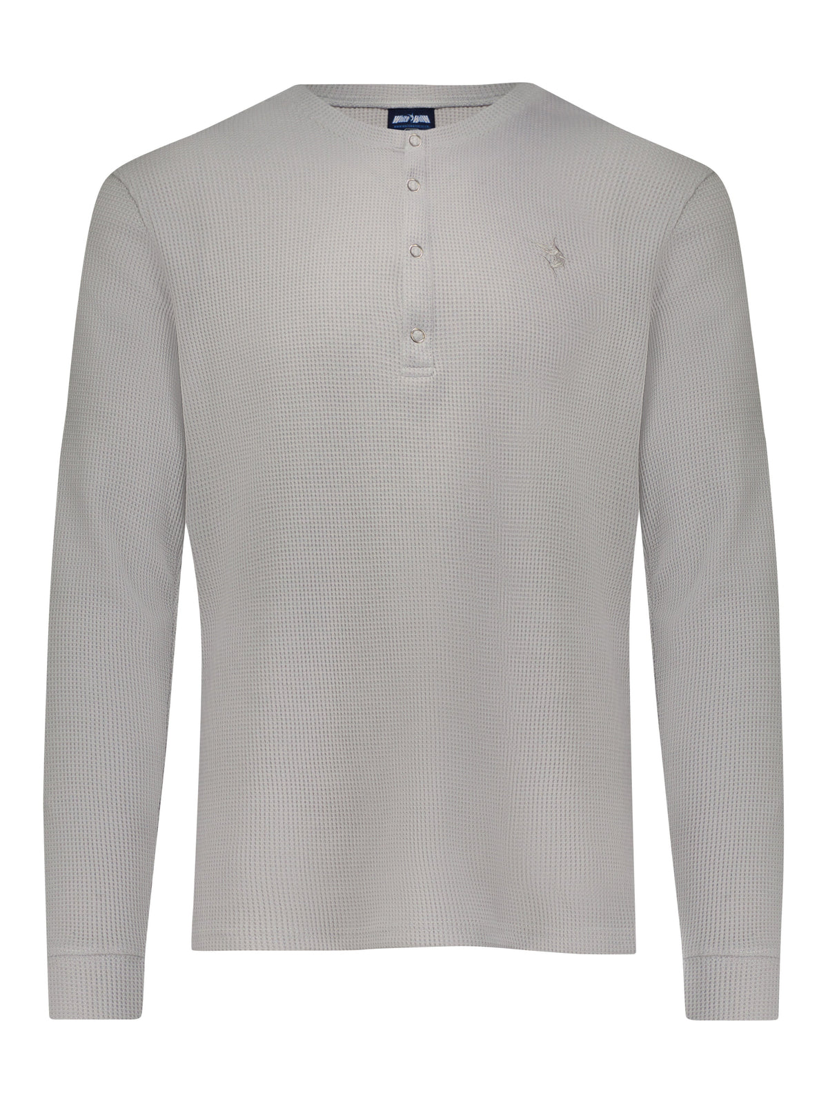 Gray long sleeve Mystic Henley shirt by White Water Life, featuring buttoned collar and casual fit.