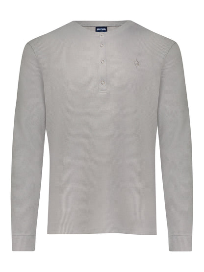 Gray long sleeve Mystic Henley shirt by White Water Life, featuring buttoned collar and casual fit.