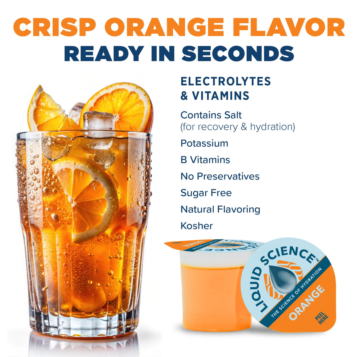 Liquid Science Orange Hydration Pods by Java House, showing orange-flavored electrolyte drink pods in a clear container.