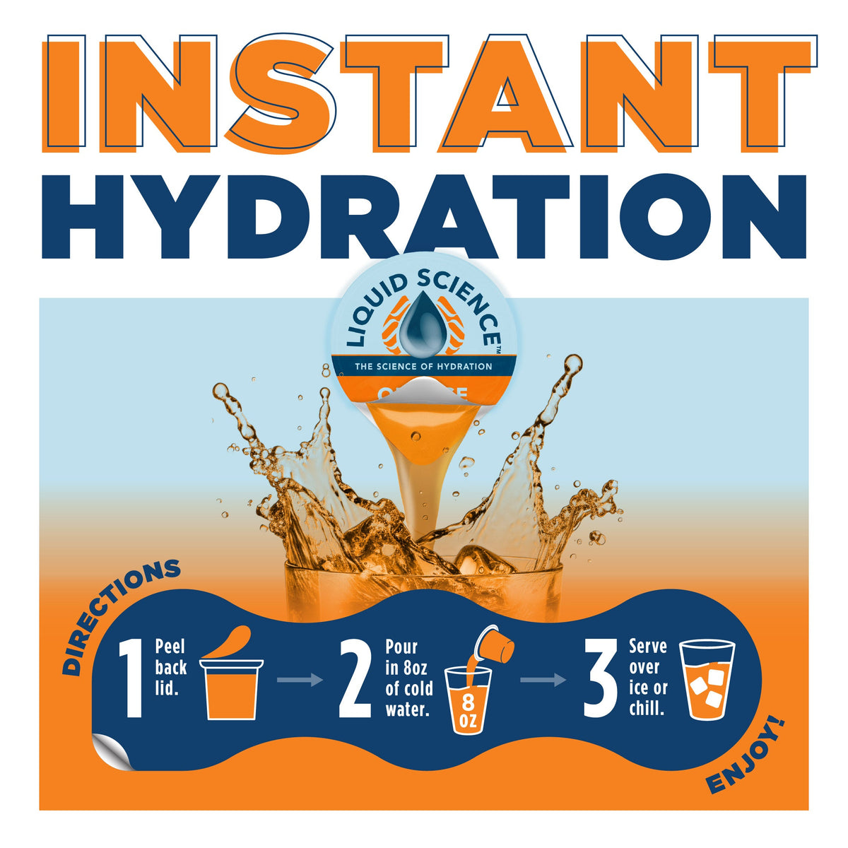 Liquid Science Orange Hydration Pods by Java House, close-up of orange-flavored electrolyte powder pods for hydration.
