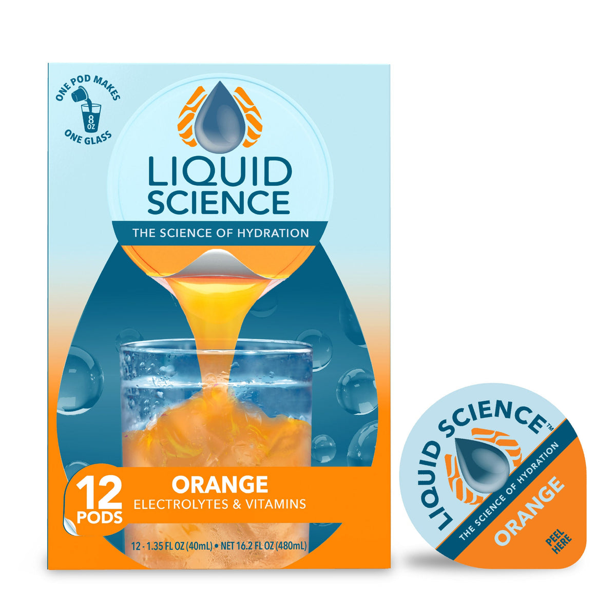 Liquid Science Orange Hydration Pods by Java House, close-up of orange-flavored electrolyte drink pods on white background.