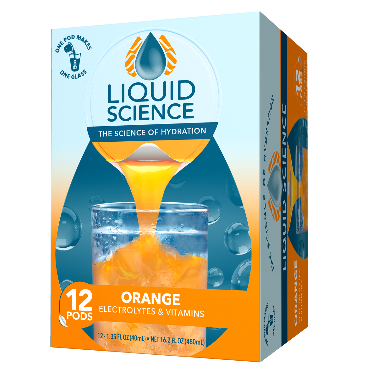 Liquid Science Orange Hydration Pods by Java House, close-up of orange-flavored electrolyte hydration pods.