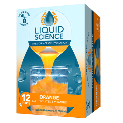Liquid Science Orange Hydration Pods by Java House, close-up of orange-flavored electrolyte hydration pods.