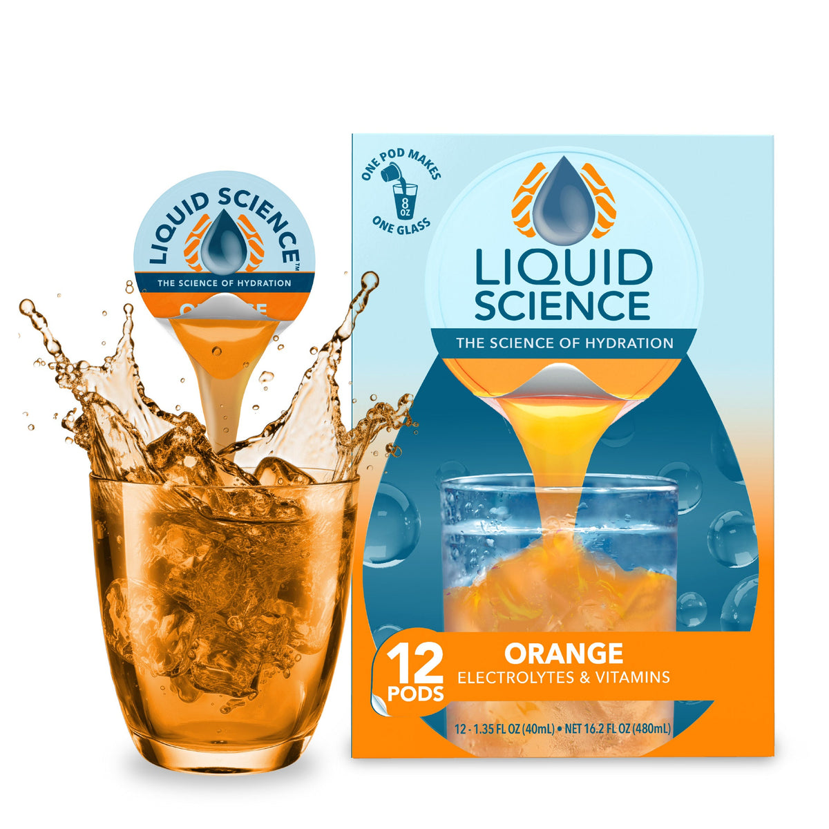 Liquid Science Orange Hydration Pods by Java House, close-up of vibrant orange flavored hydration drink pods.
