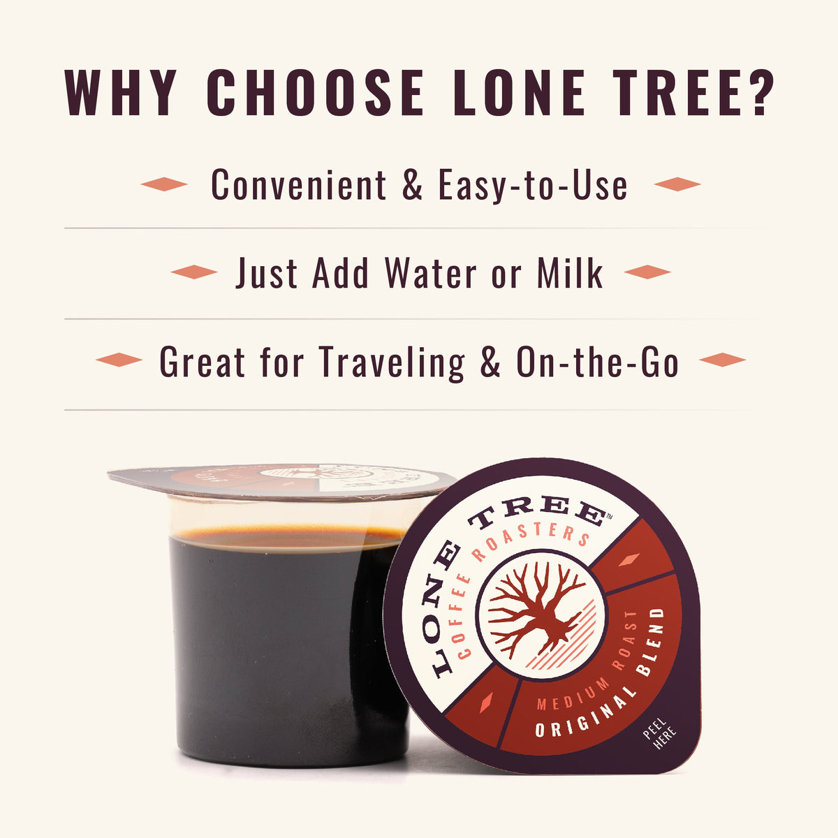 Medium roast coffee beans from Java House's Lone Tree Coffee Roasters Original Blend in a clear bag with a label.