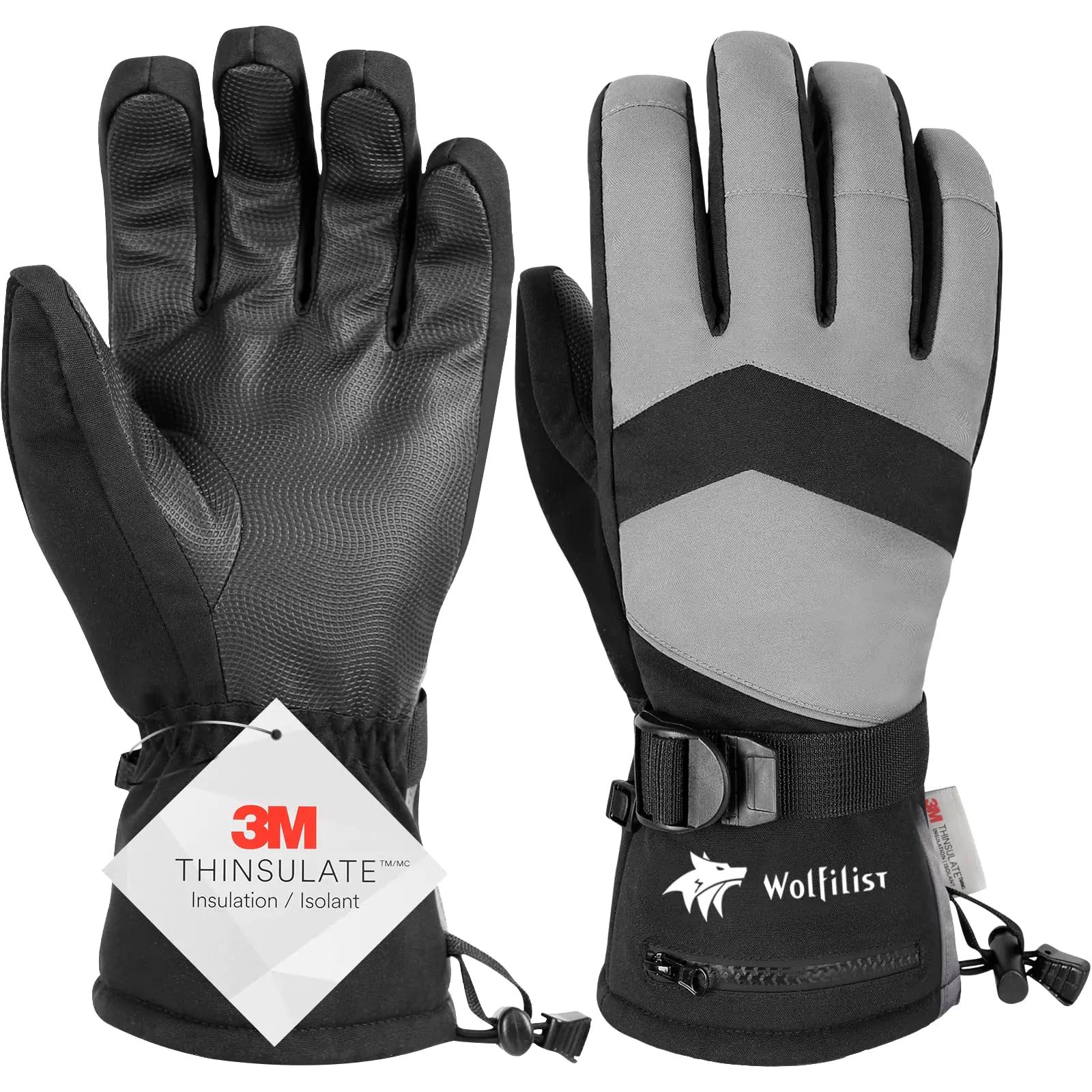 WOLFILIST Ski Gloves Waterproof Windproof - 3M Thinsulate Insulated Warm Snow Gloves Snowboard Gloves with Zipper Pocket Touchscreen Winter Gloves for Men Women