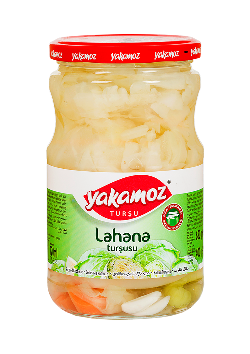 S101 Yakamoz Cabbage Pickle in glass jar, showing fresh fermented cabbage slices with spices and herbs.
