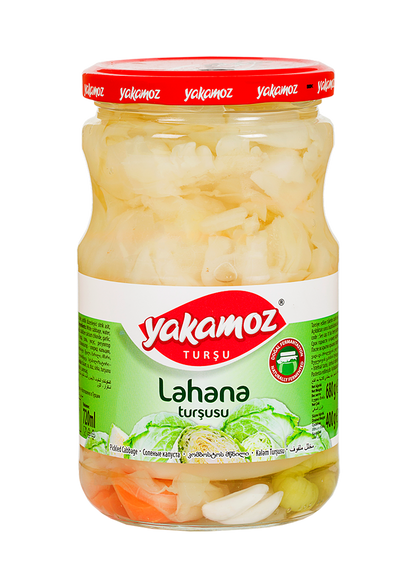 S101 Yakamoz Cabbage Pickle in glass jar, showing fresh fermented cabbage slices with spices and herbs.