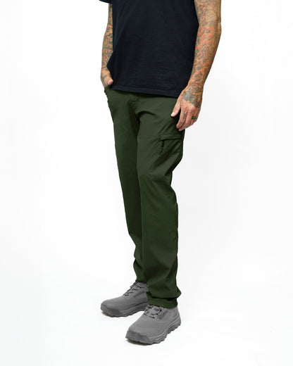 Dark army green Lancer Taper Fit Pants by Off The Grid Surplus, showing tapered fit and fabric texture.
