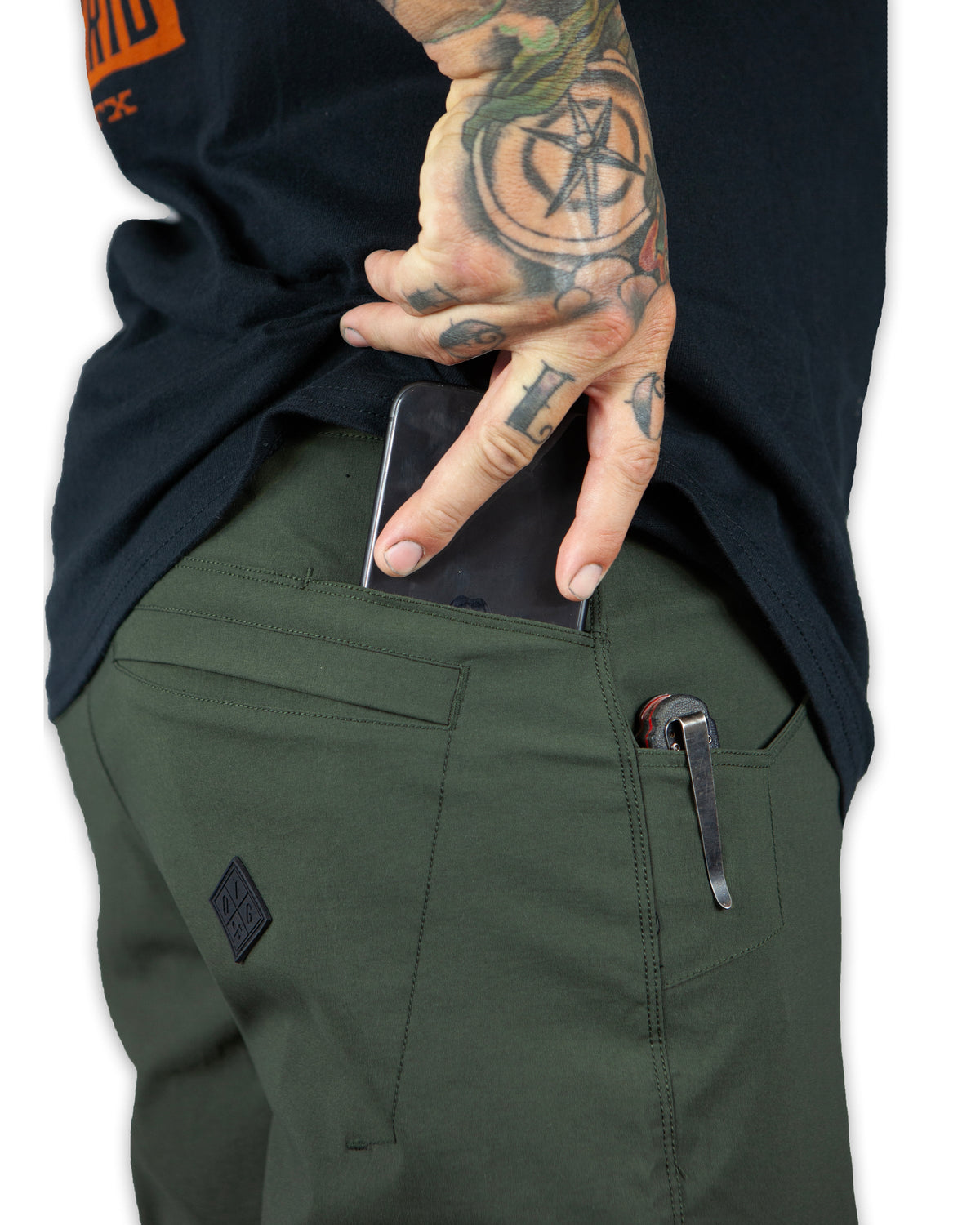 Dark army green Lancer standard fit pants by Off The Grid Surplus, shown with front and side view, casual and durable style.