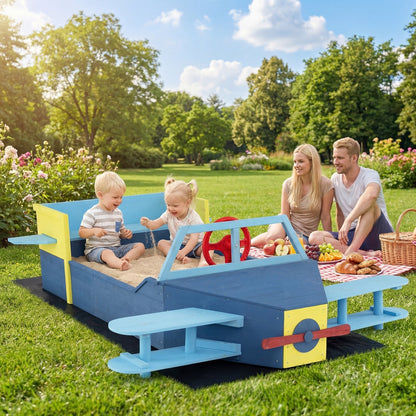 Large wooden kids sandbox with bench seat and bottom liner, designed for outdoor play and sunny backyard fun.