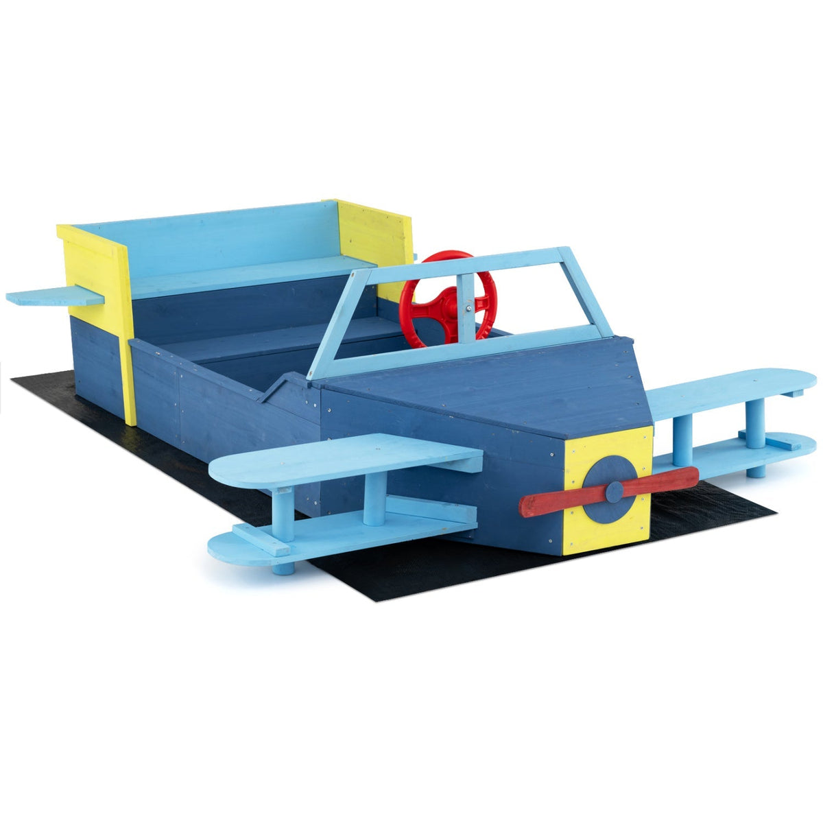 Large wooden kids sandbox with bottom liner and bench seat, GBruno Store, showing the sturdy wood construction and seating area.