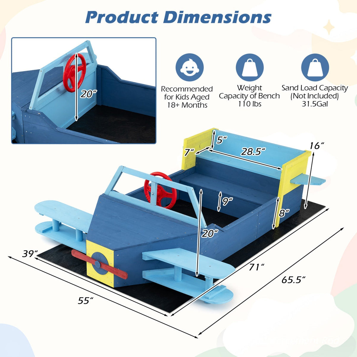 Large wooden kids sandbox with bottom liner and bench seat, ideal for outdoor play and durable construction.