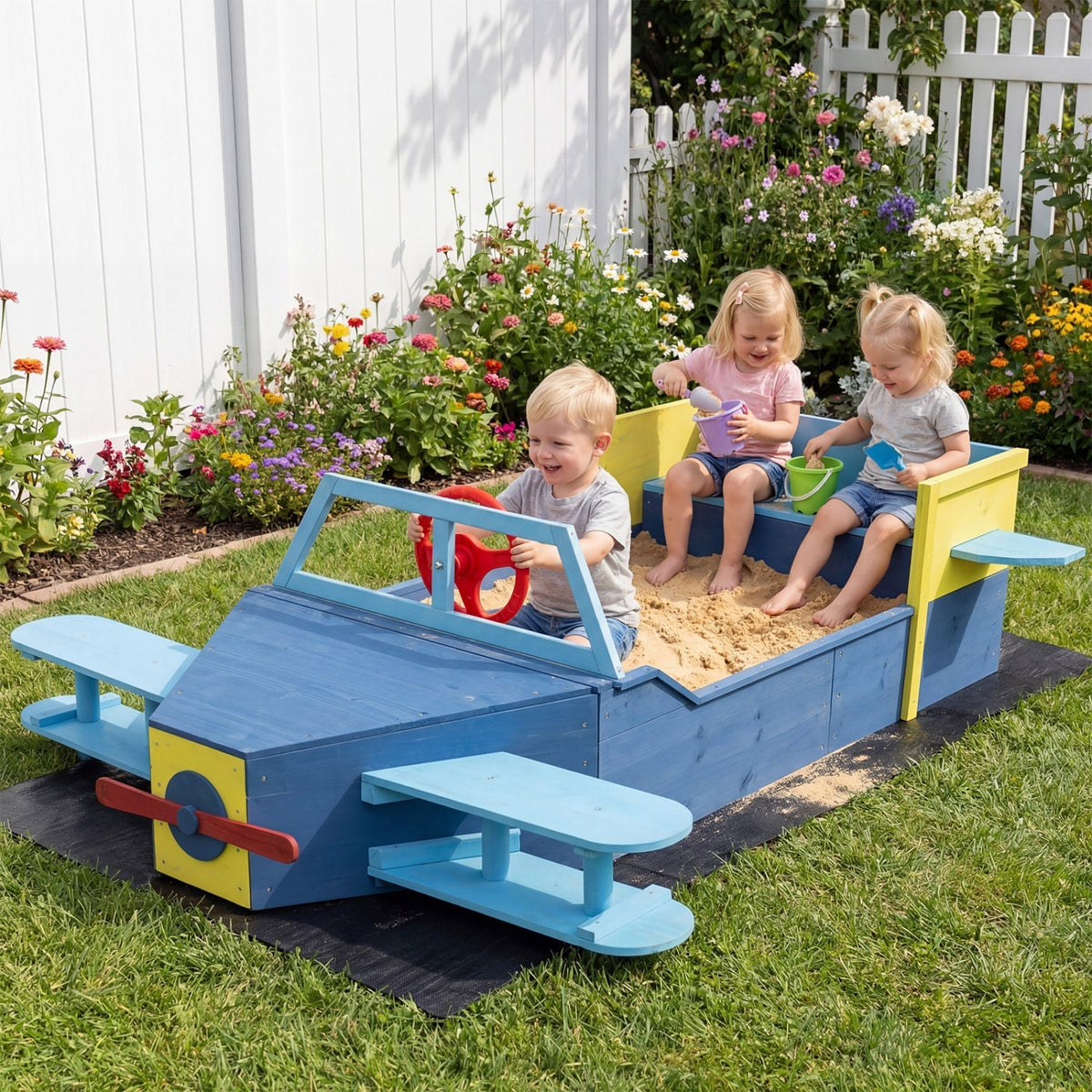 Large wooden kids sandbox with bottom liner and bench seat, designed for outdoor play and durable family fun.