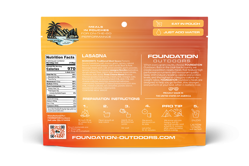 Foundation Outdoors lasagna meal pouch showing the back of the packaging with nutritional information and product details.